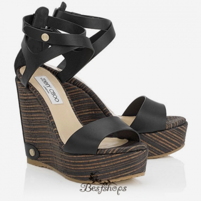 Jimmy Choo Black Leather and Striped Mesh Cork Wedges 120mm BSJC7233128