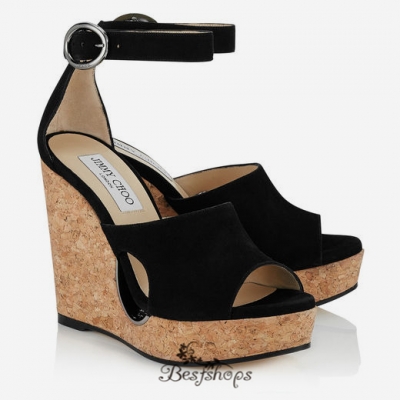 Jimmy Choo Black Suede Cork Wedges with Cut out 120mm BSJC7459994