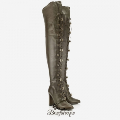 Jimmy Choo Army Green Leather 95mm Over the Knee Boots BSJC9874628