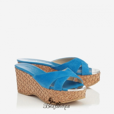 Jimmy Choo Robot Blue Suede with Lasered Cork Covered Wedges 50mm BSJC7371628